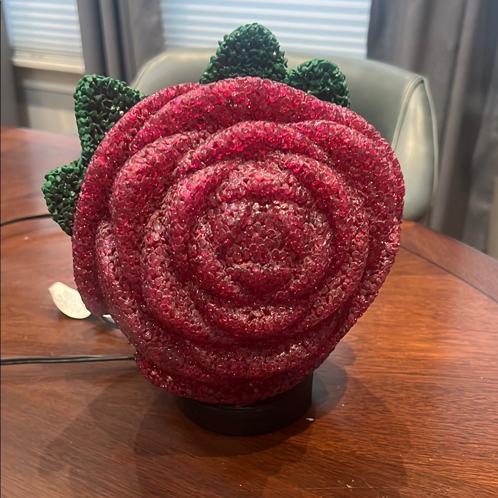 Red Rose Shaped Lamp light weight rubbery plastic. Lamp works.